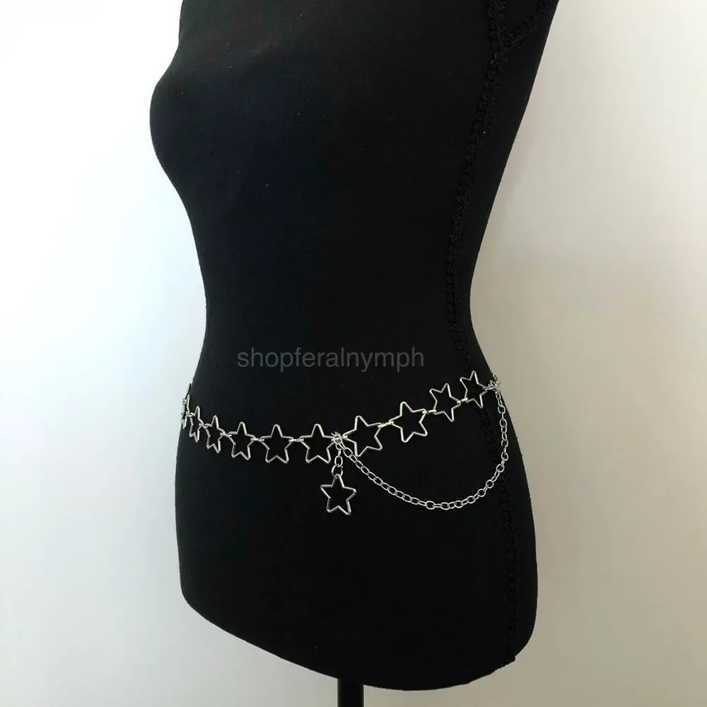Vintage Y2K Cyber Star Silver Chain Belt, Fits 20.5–39.5 Inches, X7GA1177